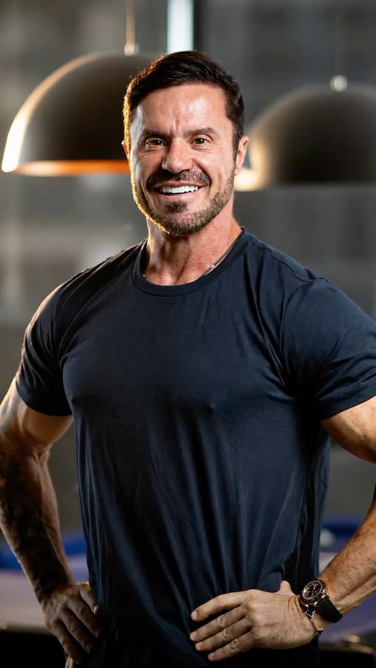 Renato Cariani sorrindo, de camiseta preta, em ambiente de academia