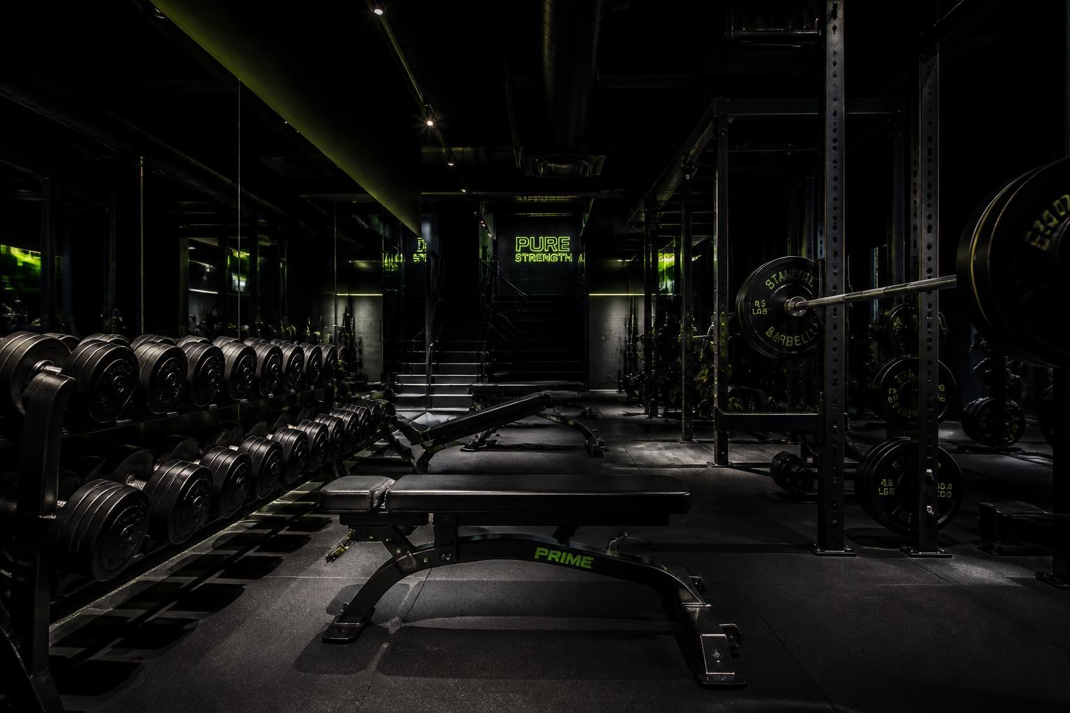 Ambiente de academia com equipamentos de musculação em iluminação escura
